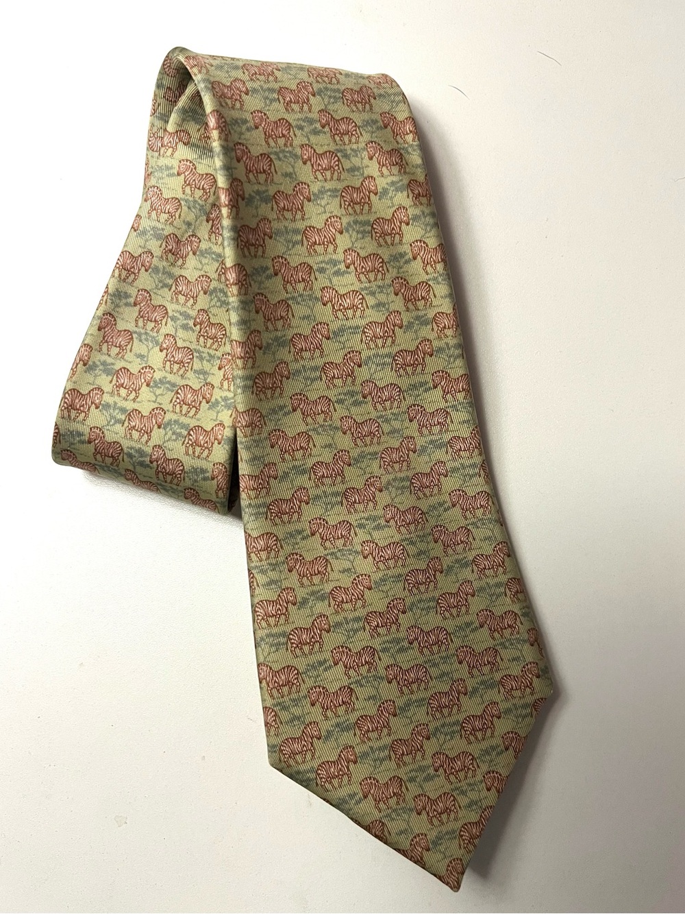 Vintage Hermes Chartreuse 7110 OA Zebra Print Silk Tie